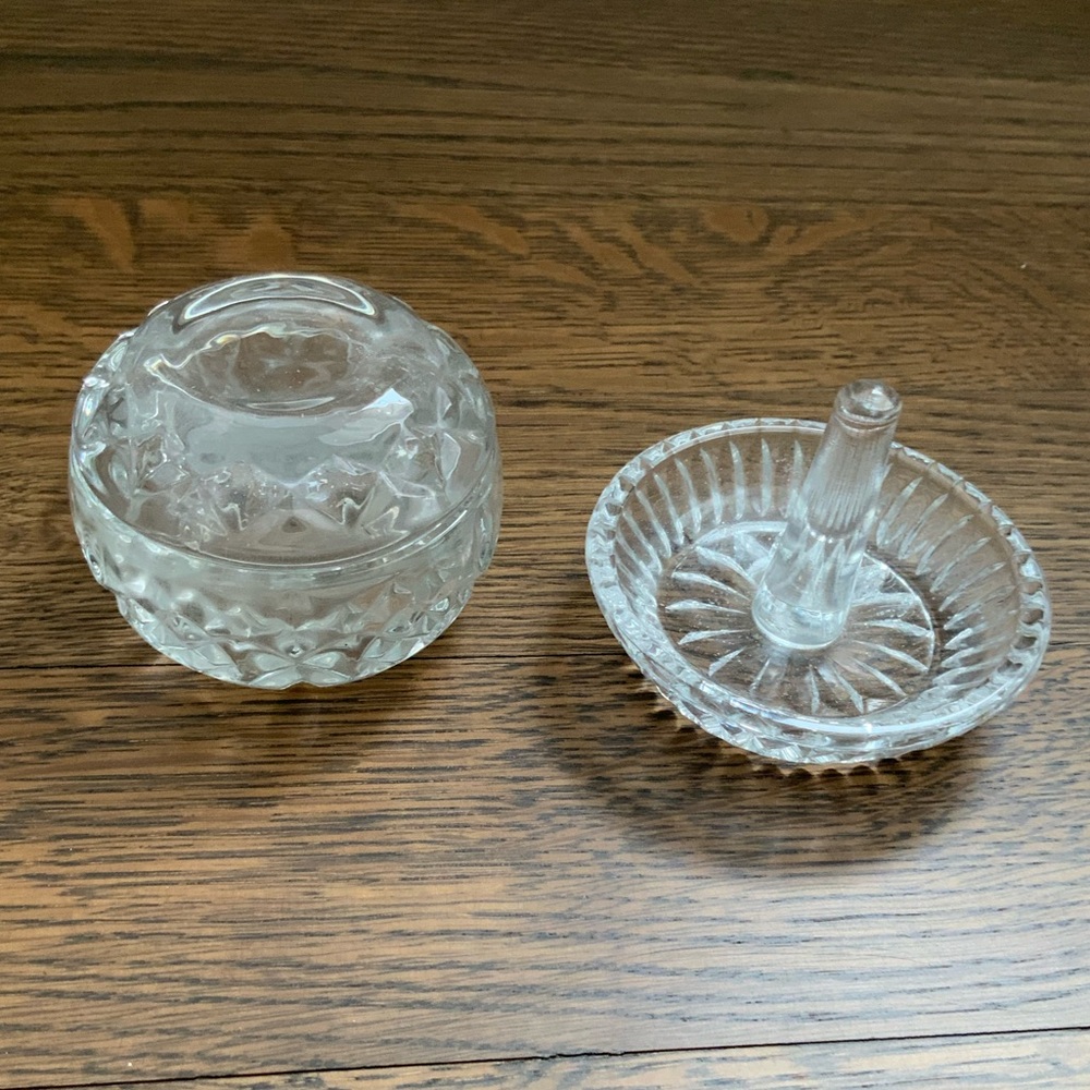 Vintage Clear Crystal Glass Trinket Dish With Lid & Ring Holder Dish Set RARE!